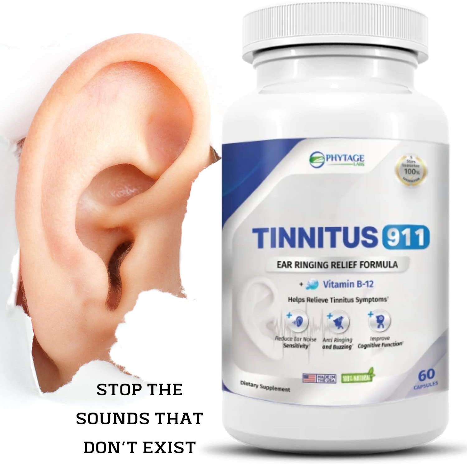 Amazon.com: Tinnitus Relief Supplement Natural Stop Tinnitus Solution - Tinnitus  911 - Relieves Ear Ringing, Buzzing, Clicking. Phytage Labs 60 Capsules :  Health & Household